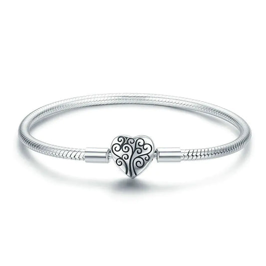 S925 Silver Bracelet with Heart Charm and Snake Chain
