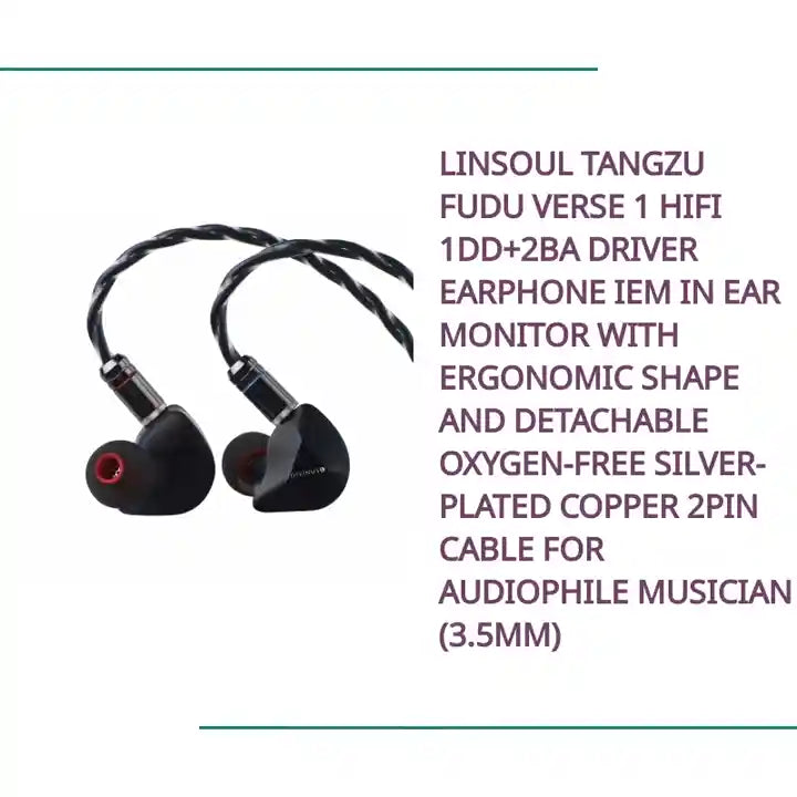 Linsoul TANGZU FUDU Verse 1 HiFi 1DD+2BA Driver Earphone IEM in Ear Monitor with Ergonomic Shape and Detachable Oxygen-Free Silver-Plated Copper 2Pin Cable for Audiophile Musician (3.5mm) by@Outfy